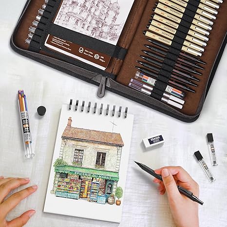 Kit de Dessin Artistique de 58 Pièces avec Étui en Cuir